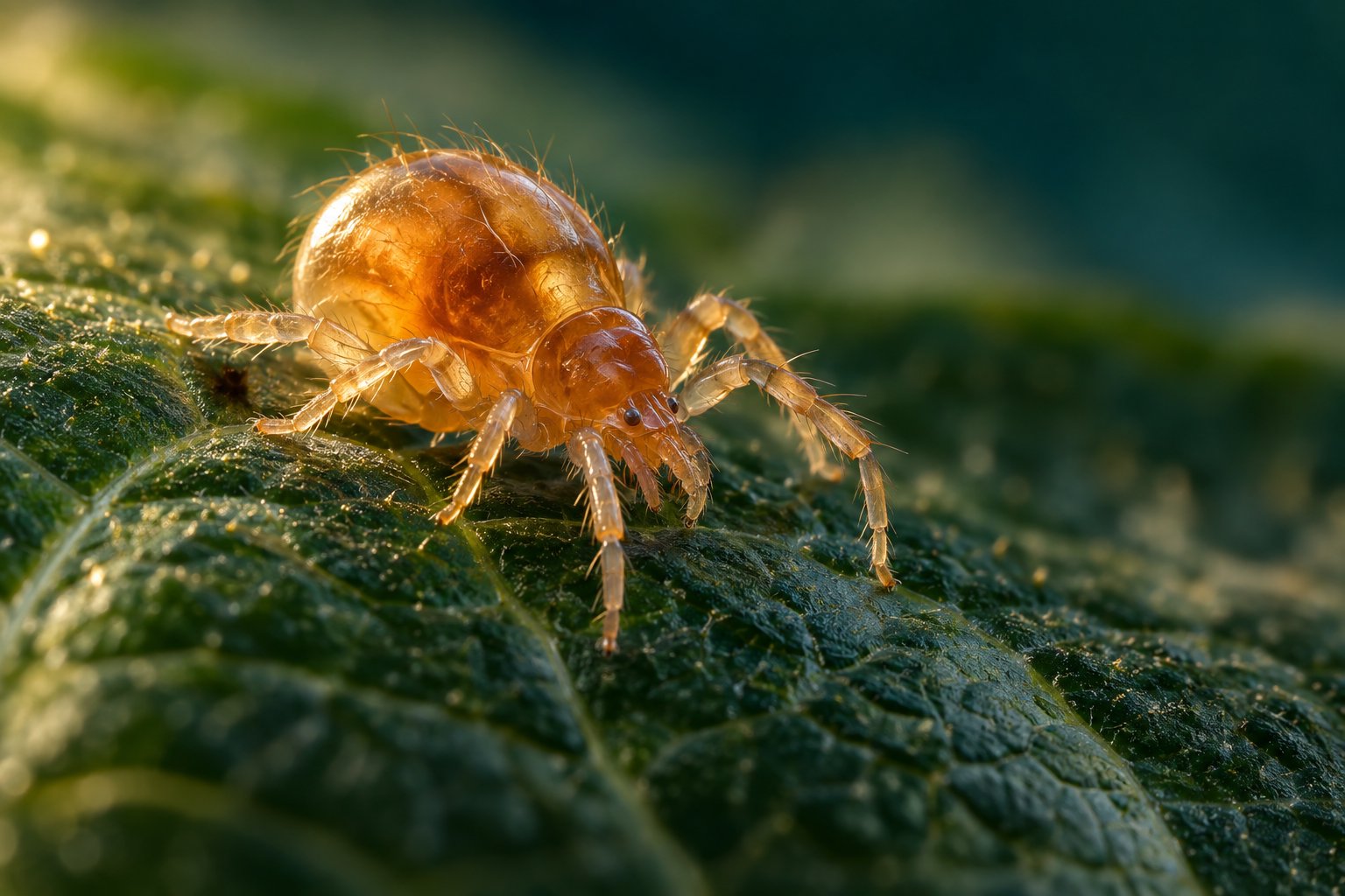 Artistic macro view of an amber mite on a green leaf